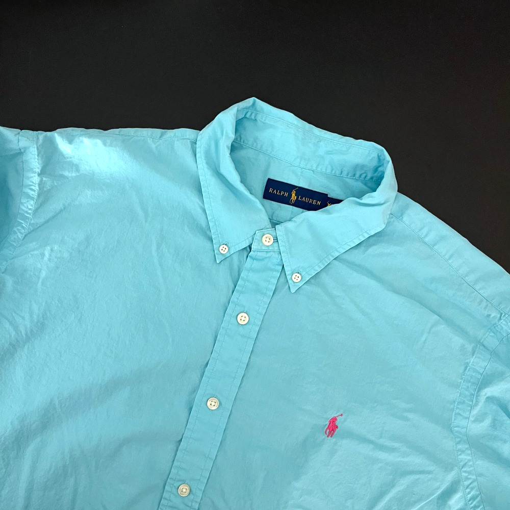 Ralph Lauren Shirt Mens XXL 2XL Blue Silk Cotton Button Down Short Sleeve‎ Pony